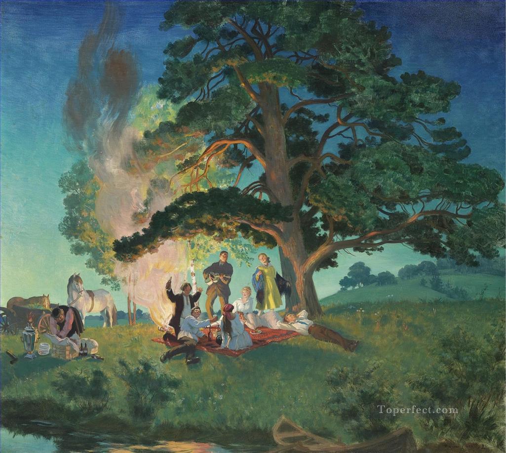 ピクニック ボリス・ミハイロヴィチ・クストーディエフ 森の木々の風景油絵